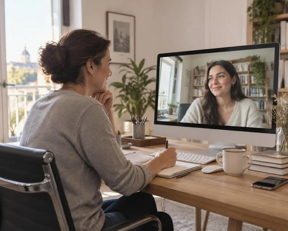 Una empresaria en su oficina en España habla por videollamada con una profesional que teletrabaja desde su país
