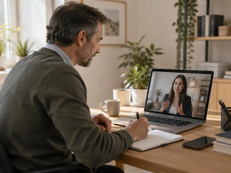 Un empresario toma notas en una videollamada con Hidden Force